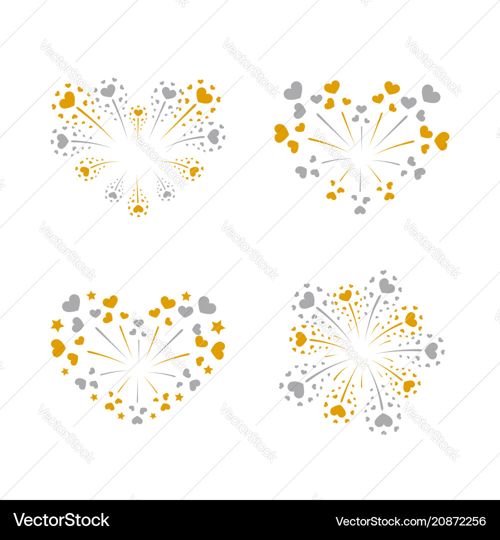 Beautiful heart-fireworks set gold romantic Beautiful heart-fireworks set gold romantic vector image