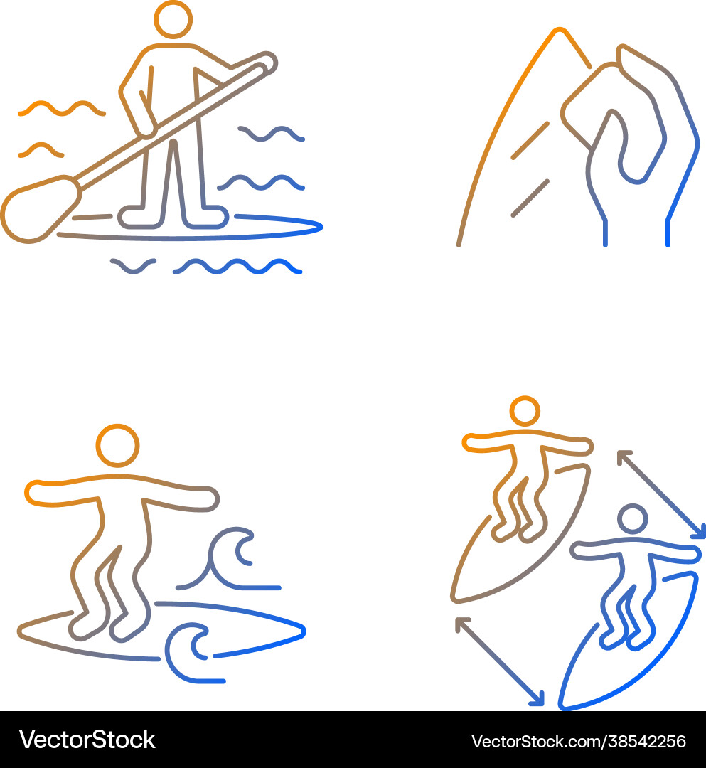 Riding waves in ocean gradient linear icons set Riding waves in ocean gradient linear icons set vector image