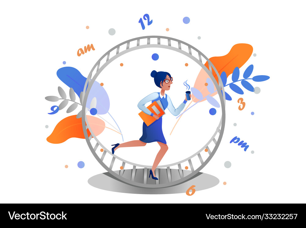 Business woman runs rat race in hamster wheel Business woman runs rat race in hamster wheel vector image