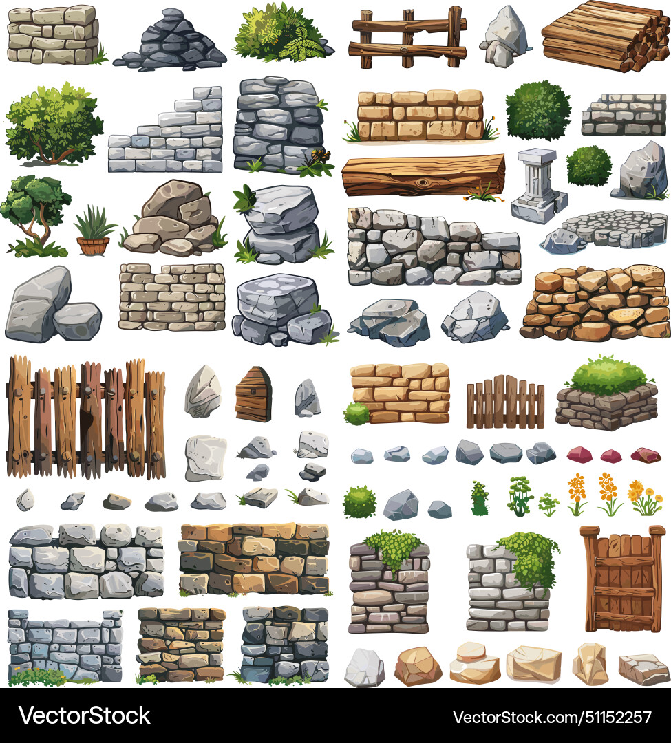 Garden materials cartoon set stone masonry Garden materials cartoon set stone masonry vector image