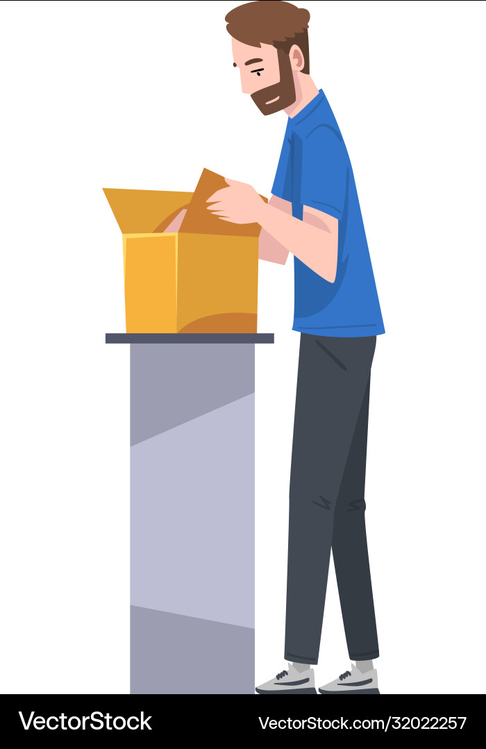 Man standing at table checking cardboard box Vector Image