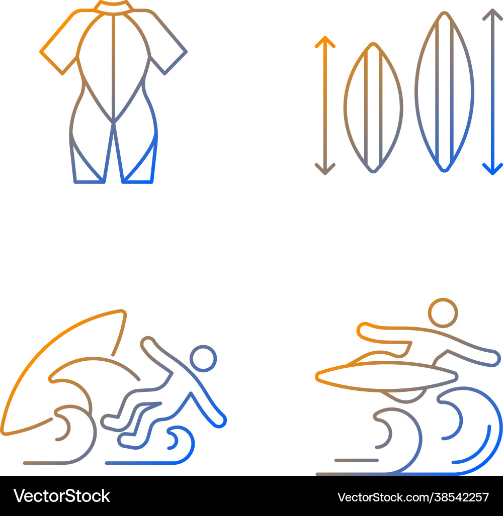 Surf riding gradient linear icons set Surf riding gradient linear icons set vector image