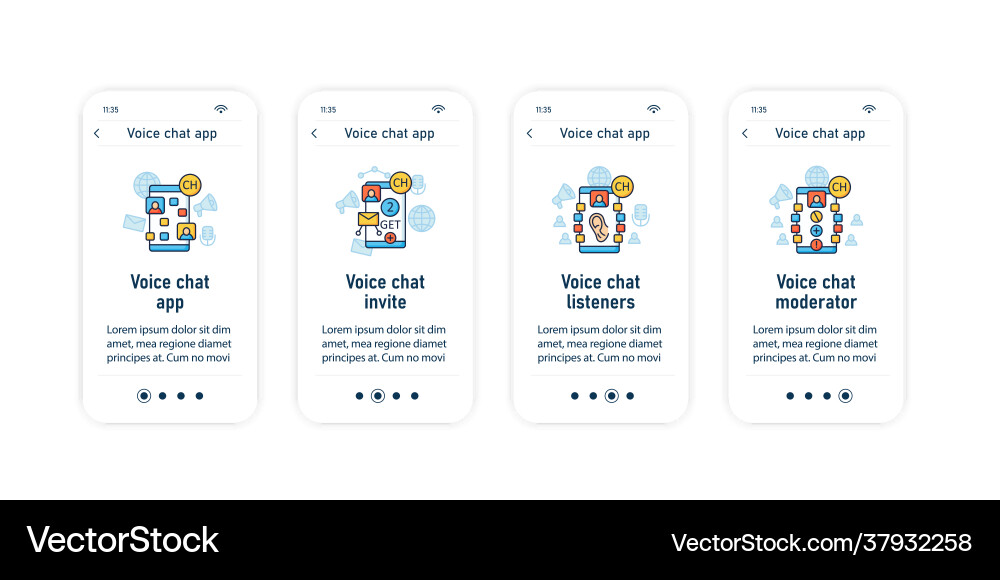 Drop in audio app onboarding mobile screens Drop in audio app onboarding mobile screens Vector Image