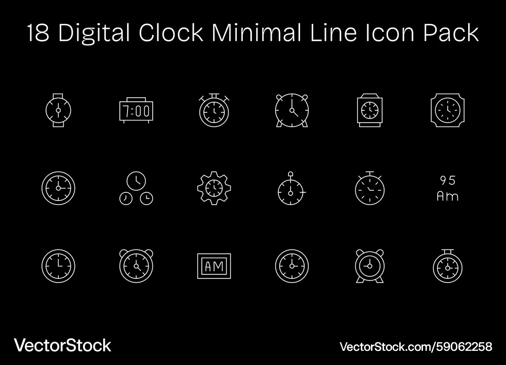 Minimal line icons - digital clock set with 18 Minimal line icons - digital clock set with 18 Vector Image