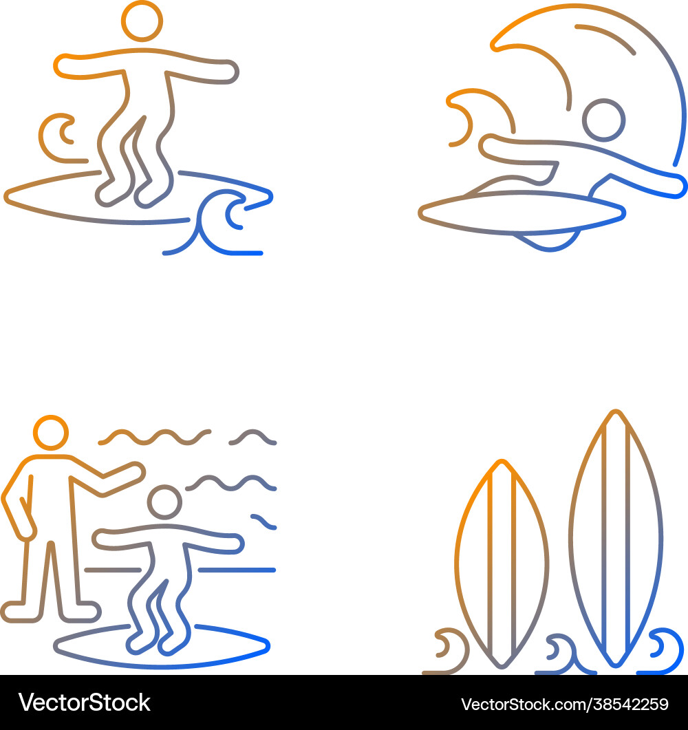 Surfboarding gradient linear icons set Surfboarding gradient linear icons set vector image