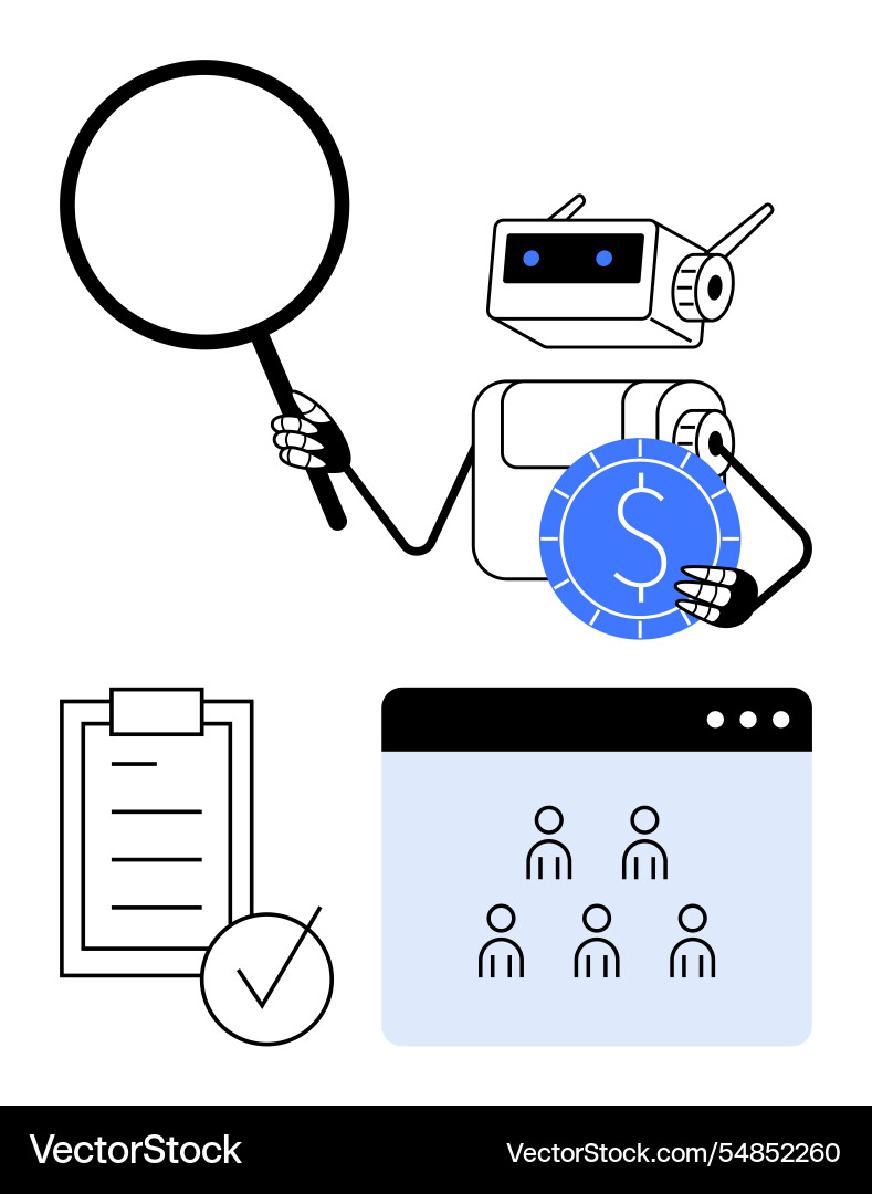 Ai robot analyzing data with magnifier holding Ai robot analyzing data with magnifier holding Vector Image