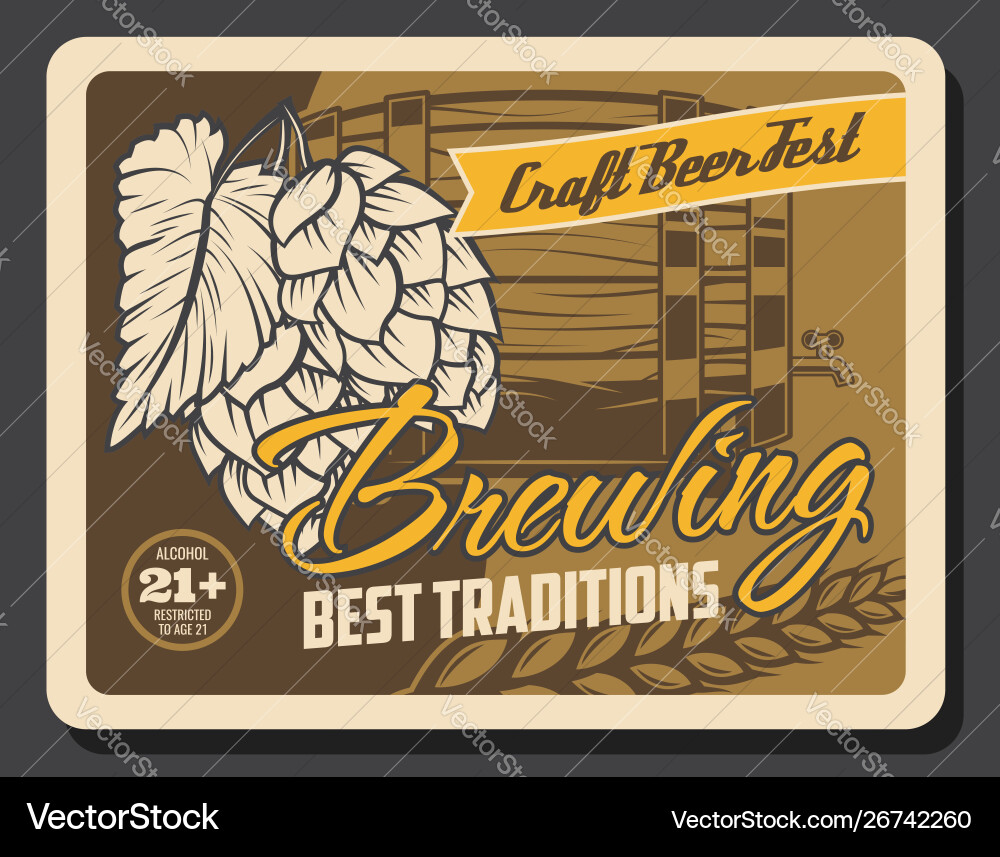 Craft beer barrel with tap barley and hop branch Craft beer barrel with tap barley and hop branch vector image