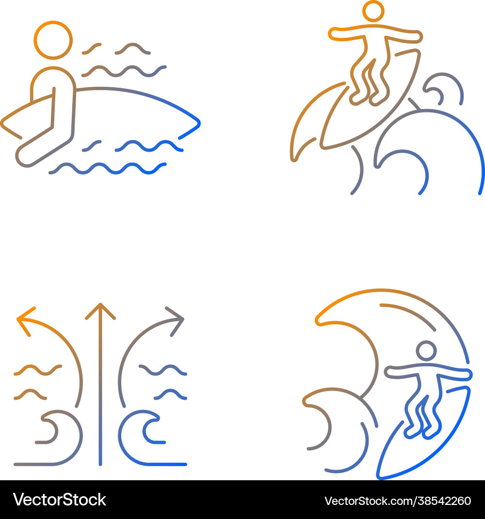 Riding wave using board gradient linear icons set Vector Image