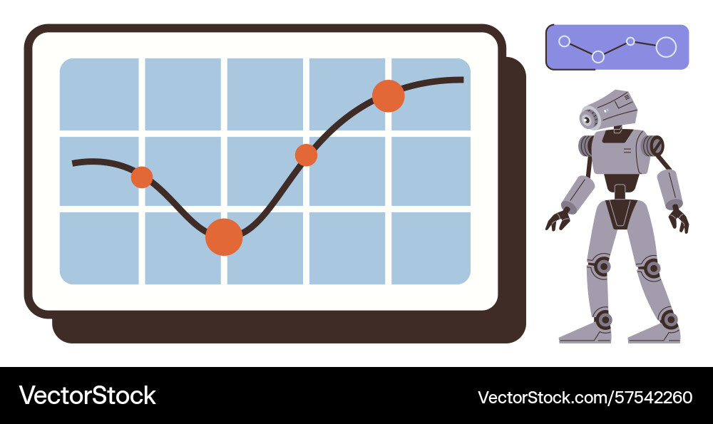 Robot analyzing growth chart on screen with data Robot analyzing growth chart on screen with data vector image
