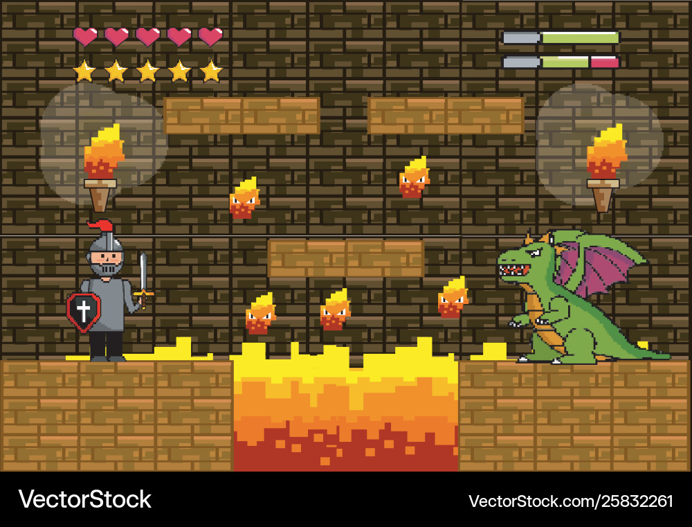 Arcade game world and pixel scene design vector image