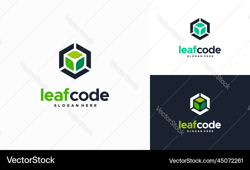 Green code leaf logo design programming Green code leaf logo design programming vector image