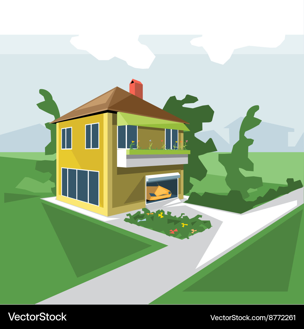 House in 2 floors view from perspective with flowe vector image