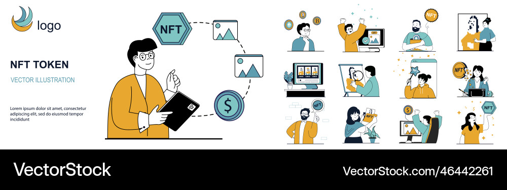 Nft token concept with character situations Vector Image