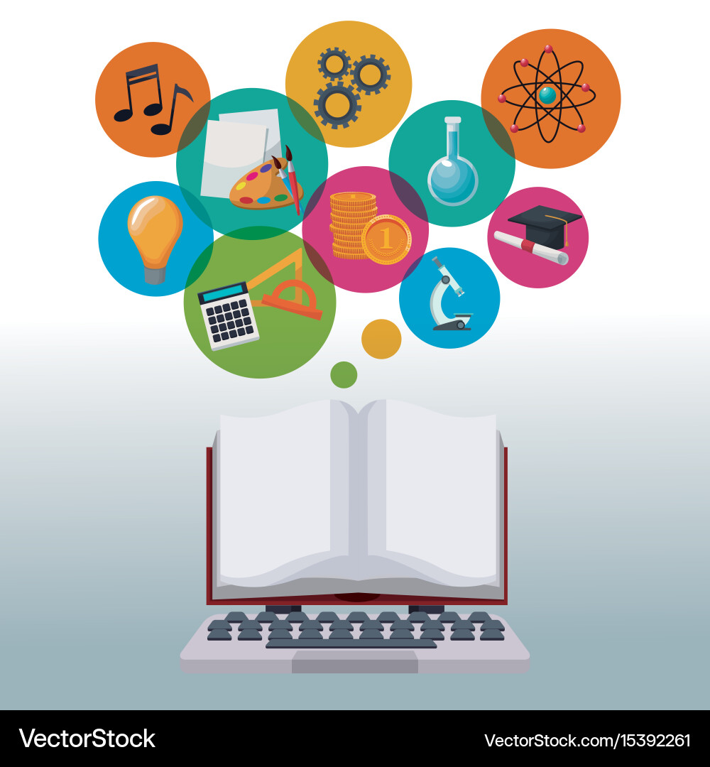 Tech laptop and display open book with bubbles Vector Image