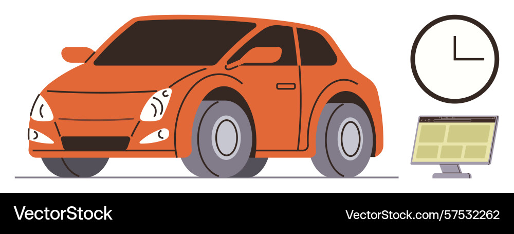 Red compact car with clock and computer Red compact car with clock and computer vector image