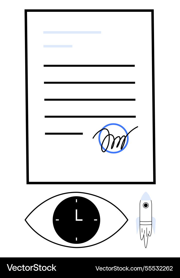 Signed document with clock eye and rocket Signed document with clock eye and rocket vector image