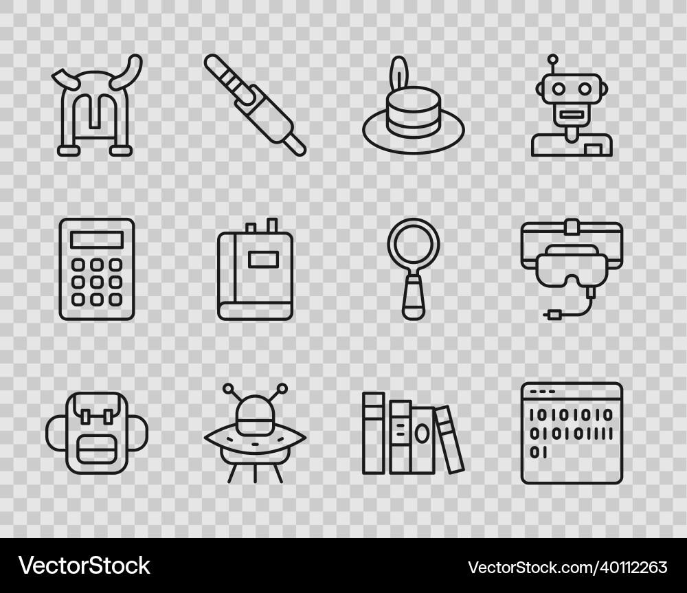 Set line school backpack binary code man hat Set line school backpack binary code man hat vector image