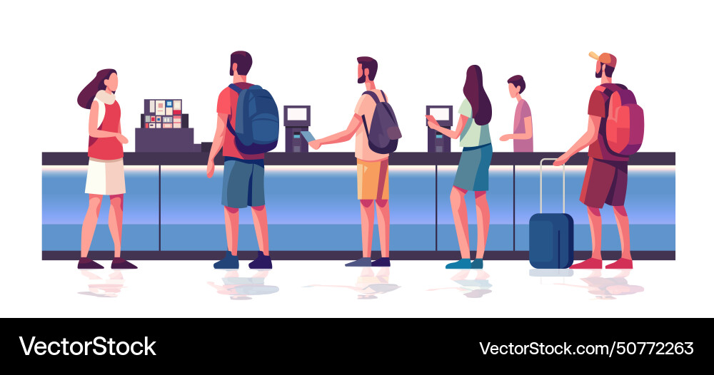 Tourists self check in at automatic machine Vector Image