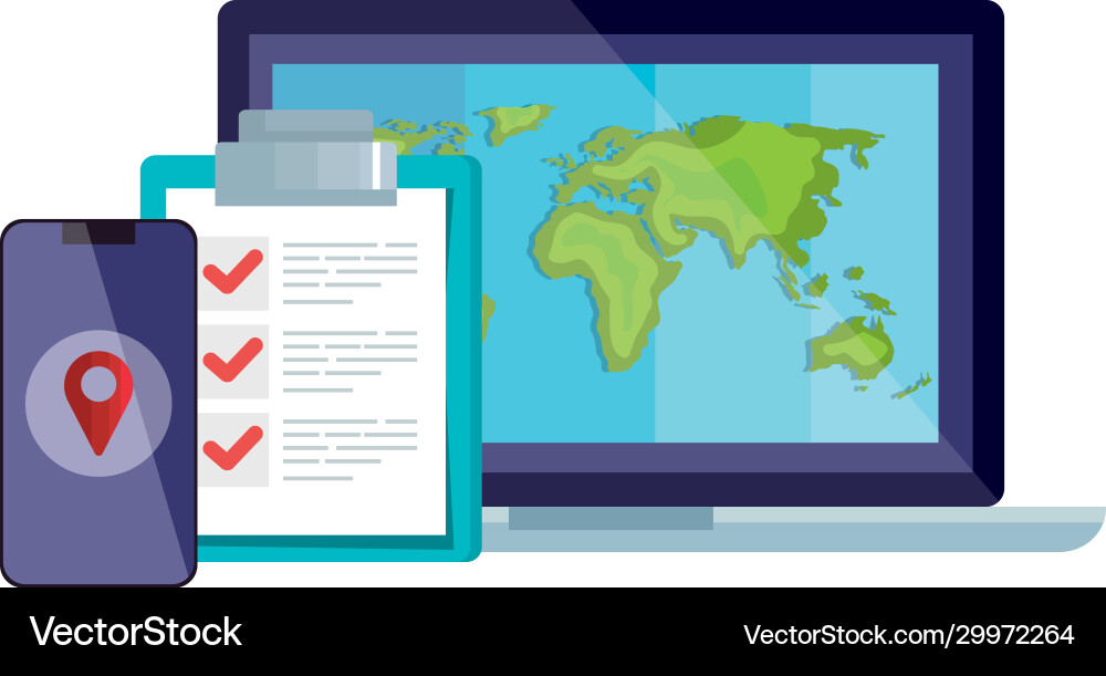 Smartphone list document and world map inside vector image