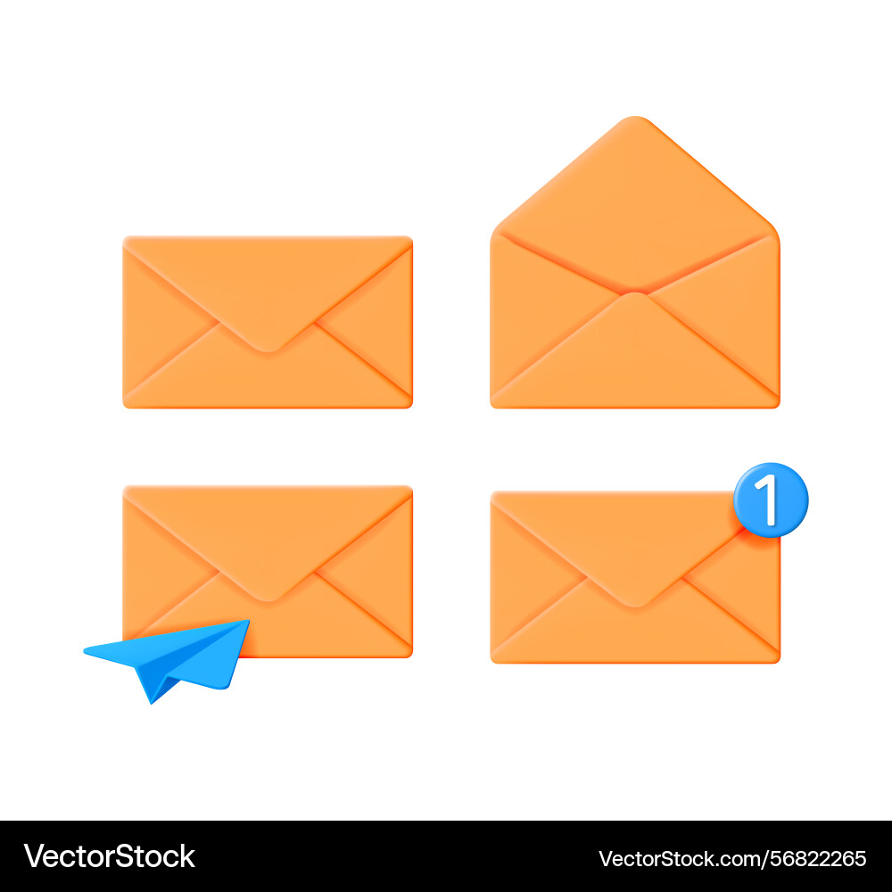 Four 3d realistic rendering icons featuring mail Four 3d realistic rendering icons featuring mail vector image