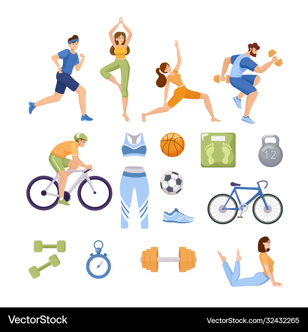 Set sports items happy people in sport clothes Set sports items happy people in sport clothes vector image