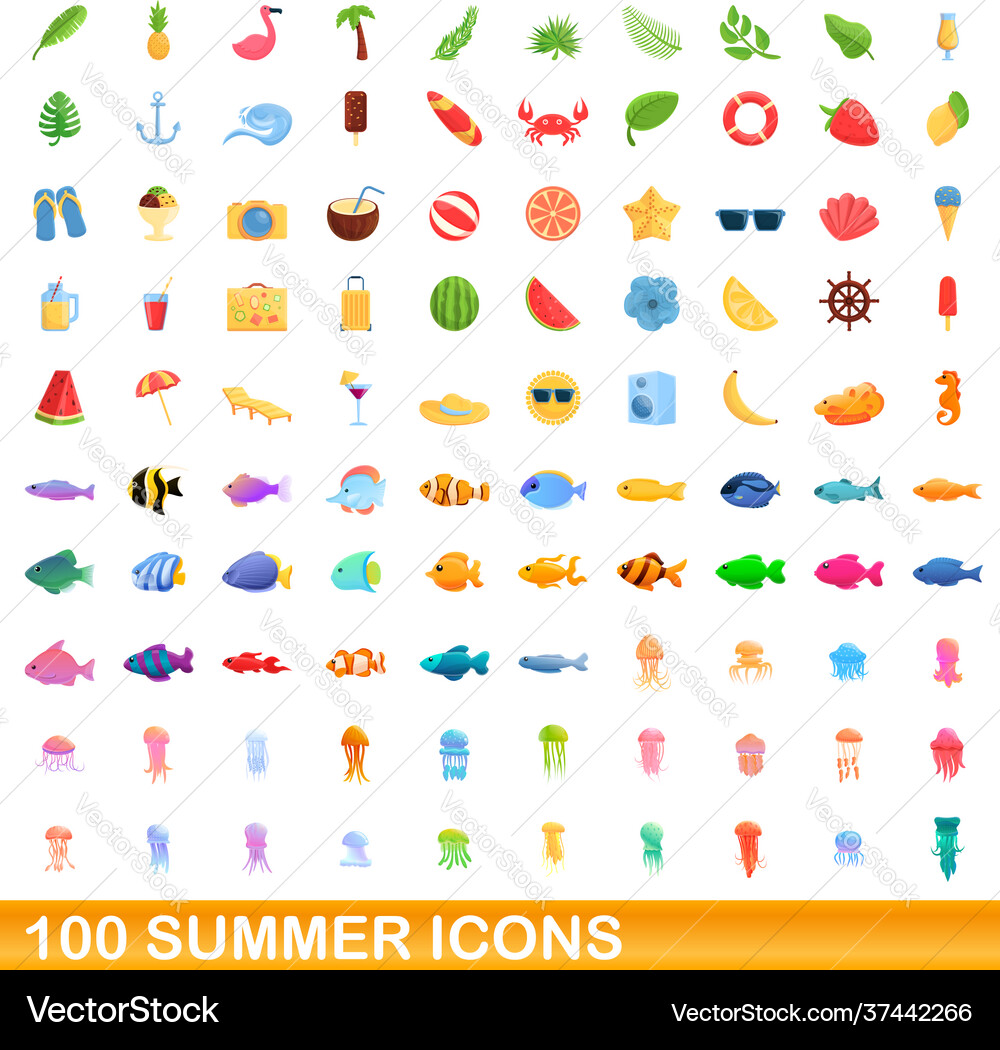 100 summer icons set cartoon style 100 summer icons set cartoon style vector image