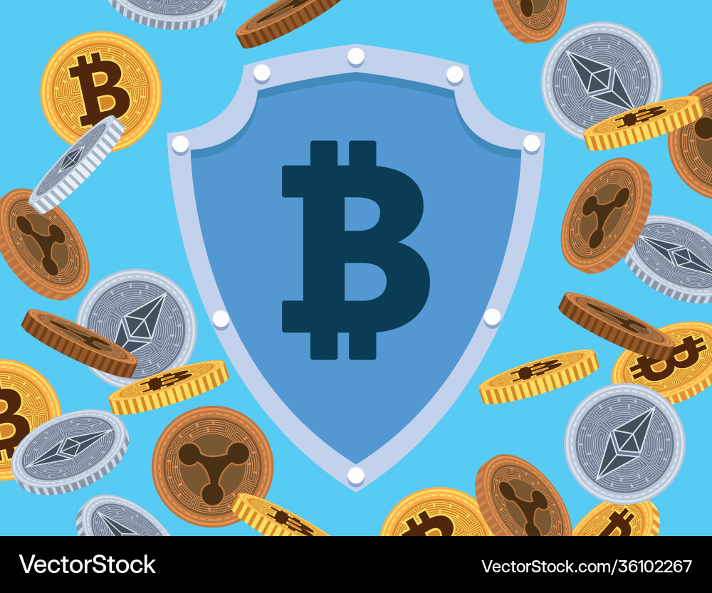 Bitcoin symbol in shield with crypto coins pattern Bitcoin symbol in shield with crypto coins pattern vector image