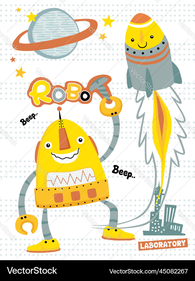 Funny robots cartoon with space object Funny robots cartoon with space object vector image