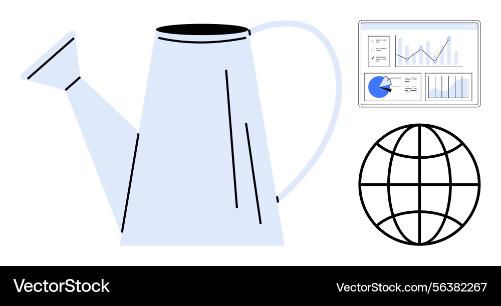 Watering can with globe and analytics dashboard Watering can with globe and analytics dashboard vector image