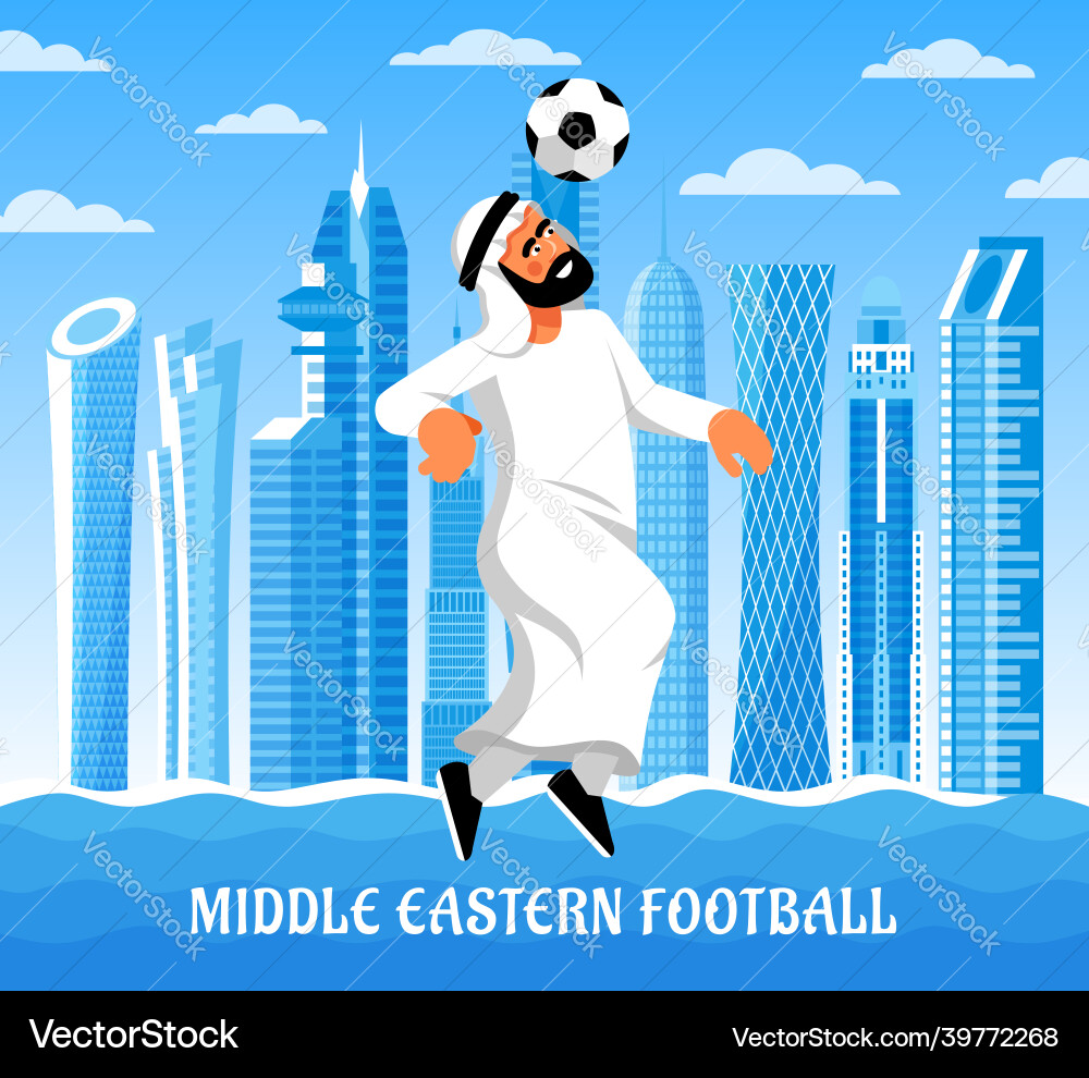 Arabischer Mann spielt Fußball auf Doha Wolkenkratzer Arabischer Mann spielt Fußball auf Doha Wolkenkratzer vektorbild