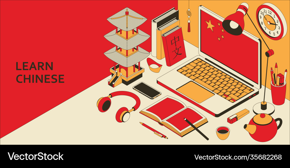 Learn chinese language isometric concept with open Learn chinese language isometric concept with open vector image