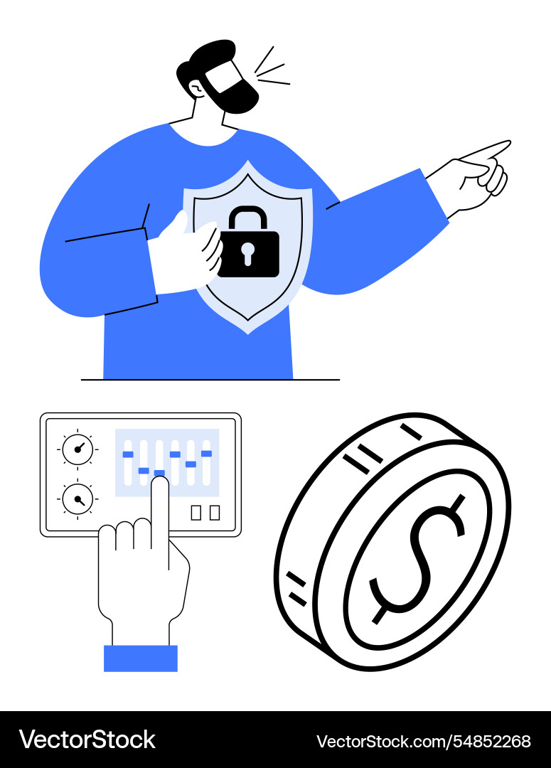 Man with a shield pointing forward hand adjusting Vector Image