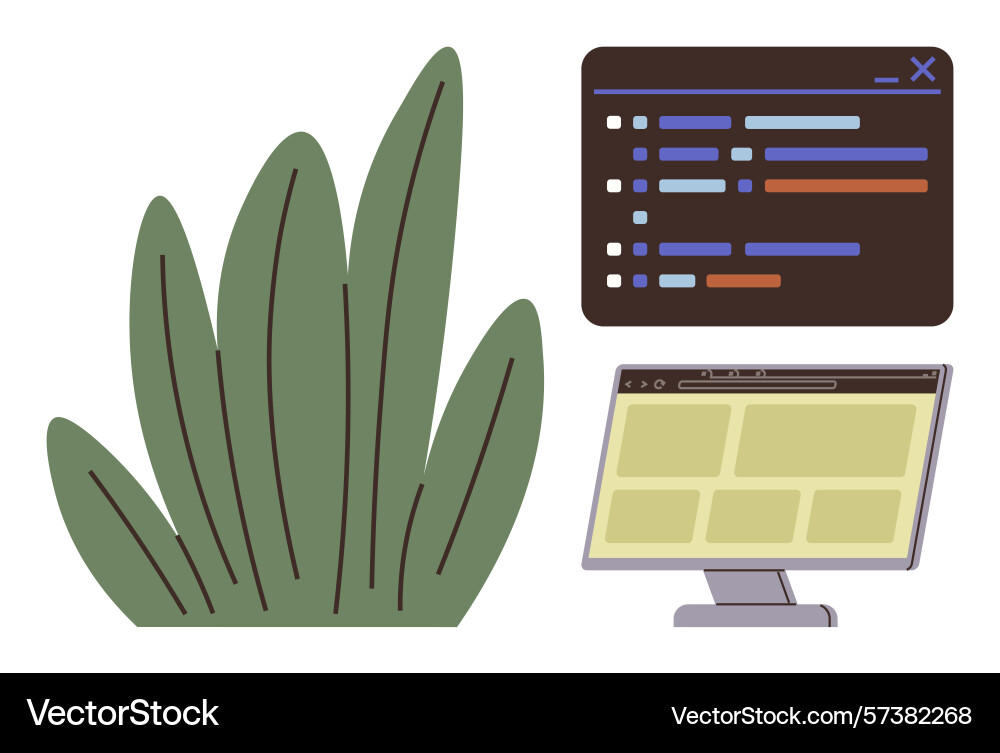 Webpage on monitor with coding panel next to plant Webpage on monitor with coding panel next to plant vector image