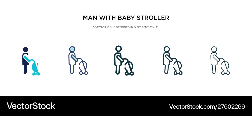 Man with baby stroller icon in different style Man with baby stroller icon in different style vector image