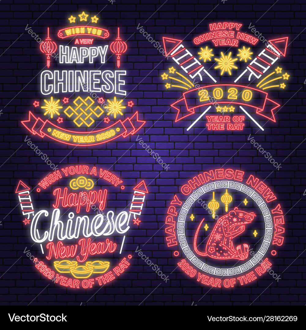 Set happy chinese new year neon greetings card vector image