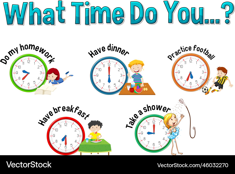 Daily routine with time and cartoon characters vector image