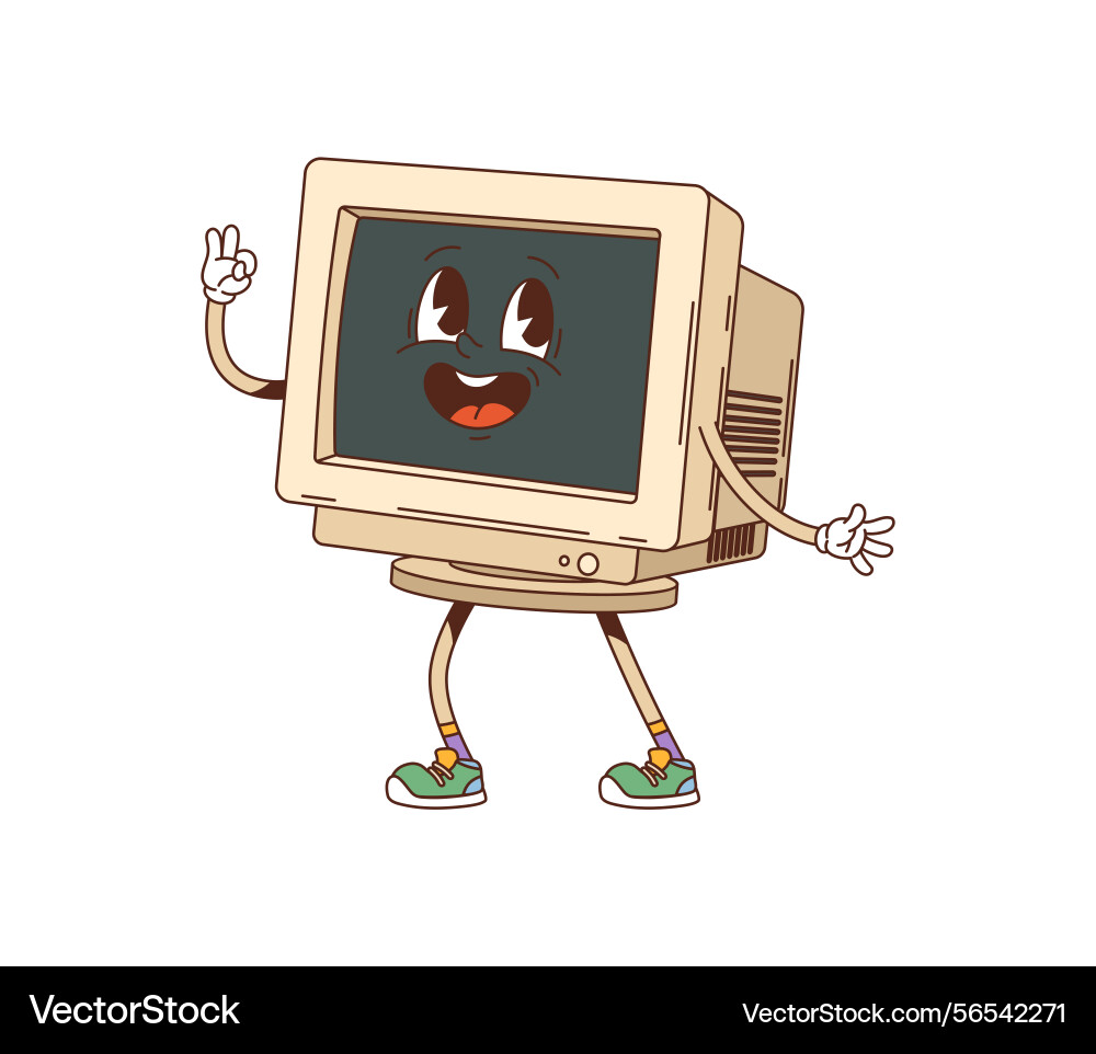 Cartoon retro groovy computer display character Cartoon retro groovy computer display character vector image