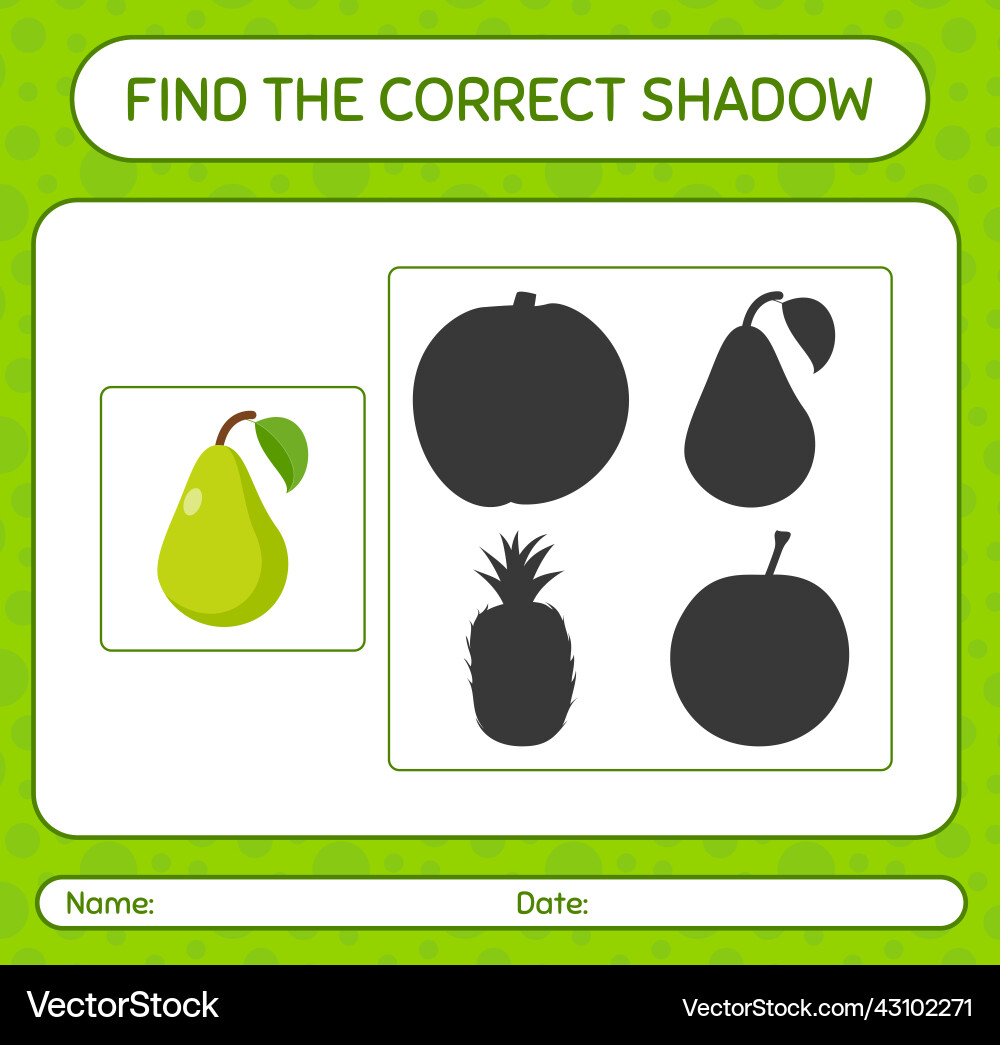 Find the correct shadows game with pear worksheet Find the correct shadows game with pear worksheet vector image