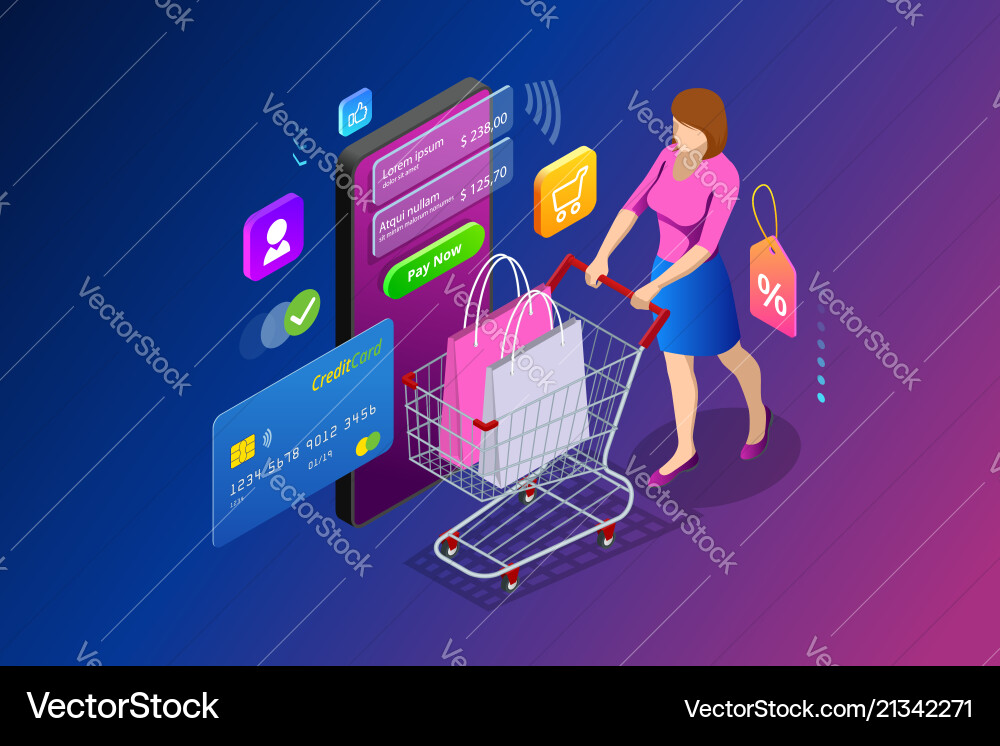 Isometric smart smartphone online shopping concept Isometric smart smartphone online shopping concept vector image