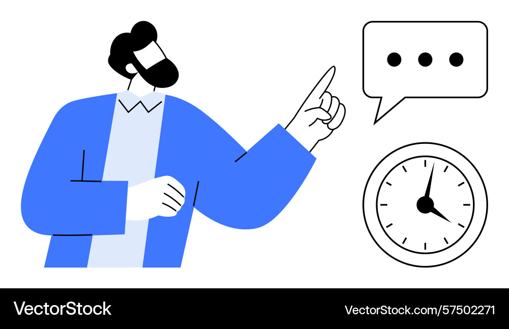 Man gesturing toward chat bubble and clock Man gesturing toward chat bubble and clock vector image