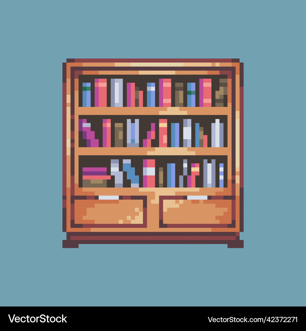 Pixel art bookshelf for game assets and developmen Pixel art bookshelf for game assets and developmen Vector Image