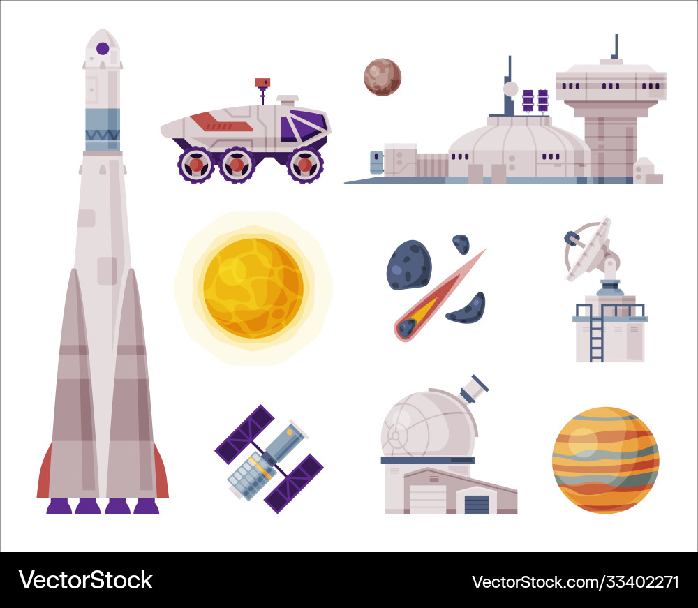 Space objects set rocket shuttle rover Space objects set rocket shuttle rover vector image