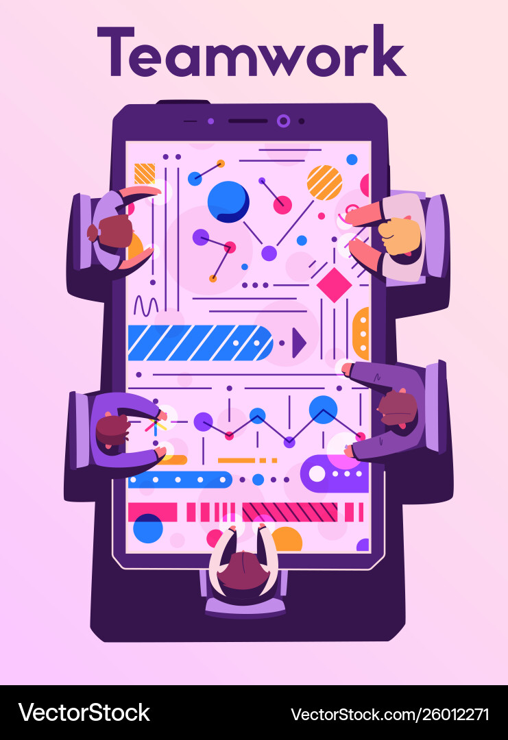 Teamwork at smartphone desk coworking concept Teamwork at smartphone desk coworking concept vector image