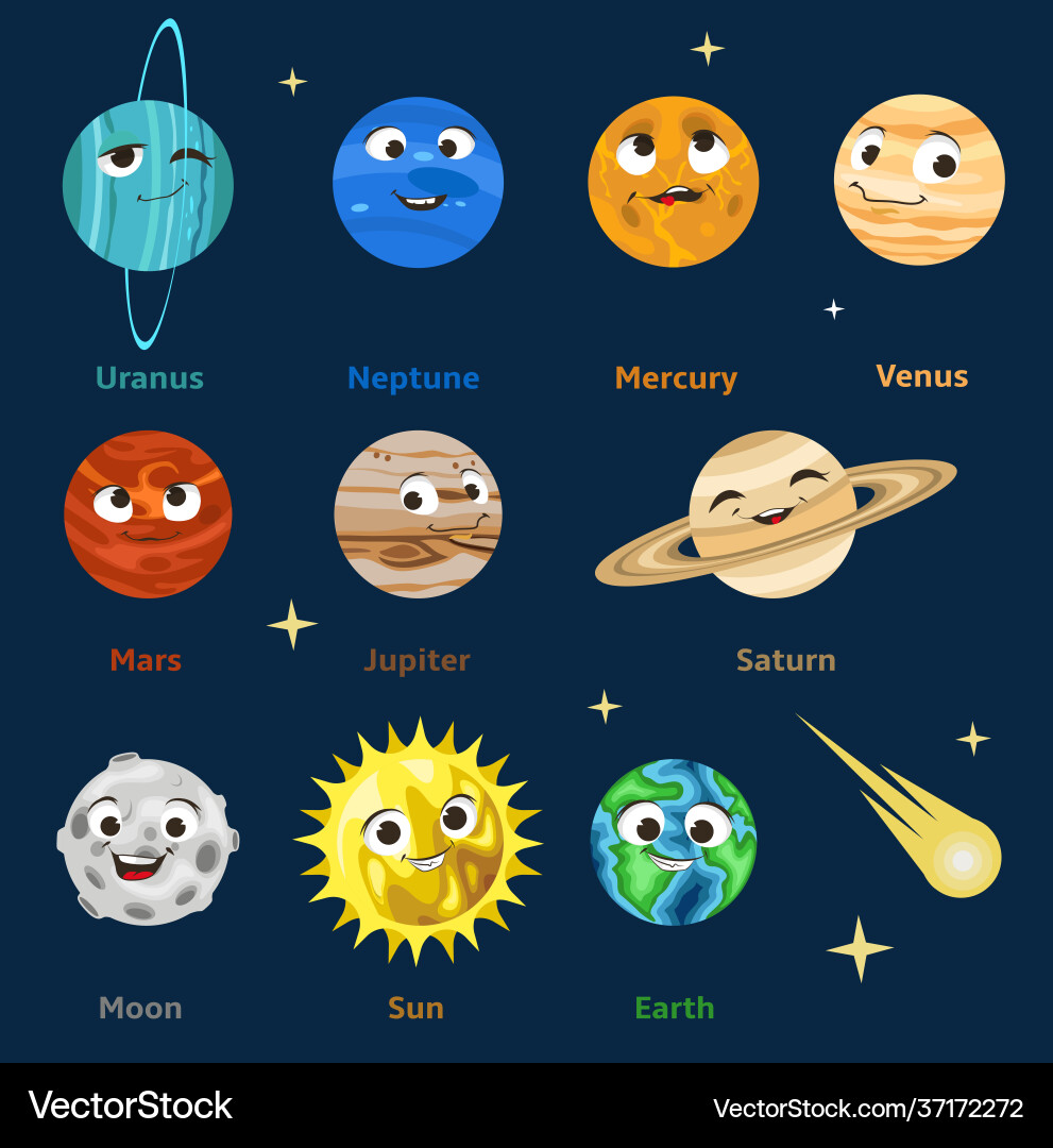Cute cartoon solar system planets with smiling Cute cartoon solar system planets with smiling vector image