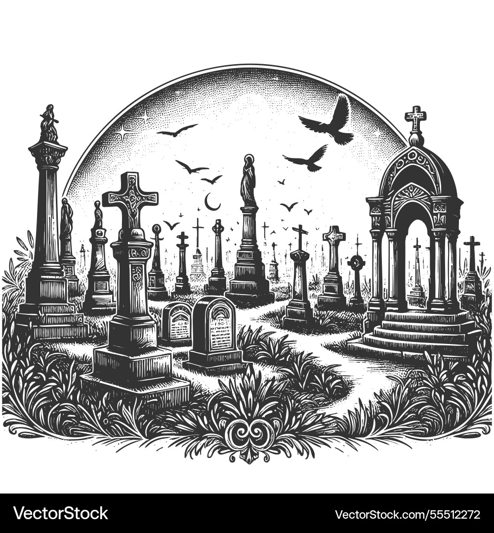 Friedhof mit Grabsteine und Kreuze Gravur Friedhof mit Grabsteine und Kreuze Gravur vektorbild