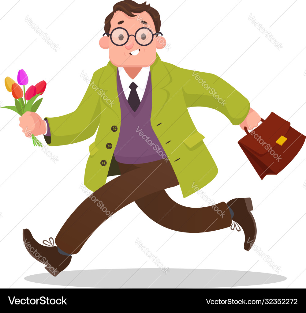 Man running with flowers to date cartoon vector image