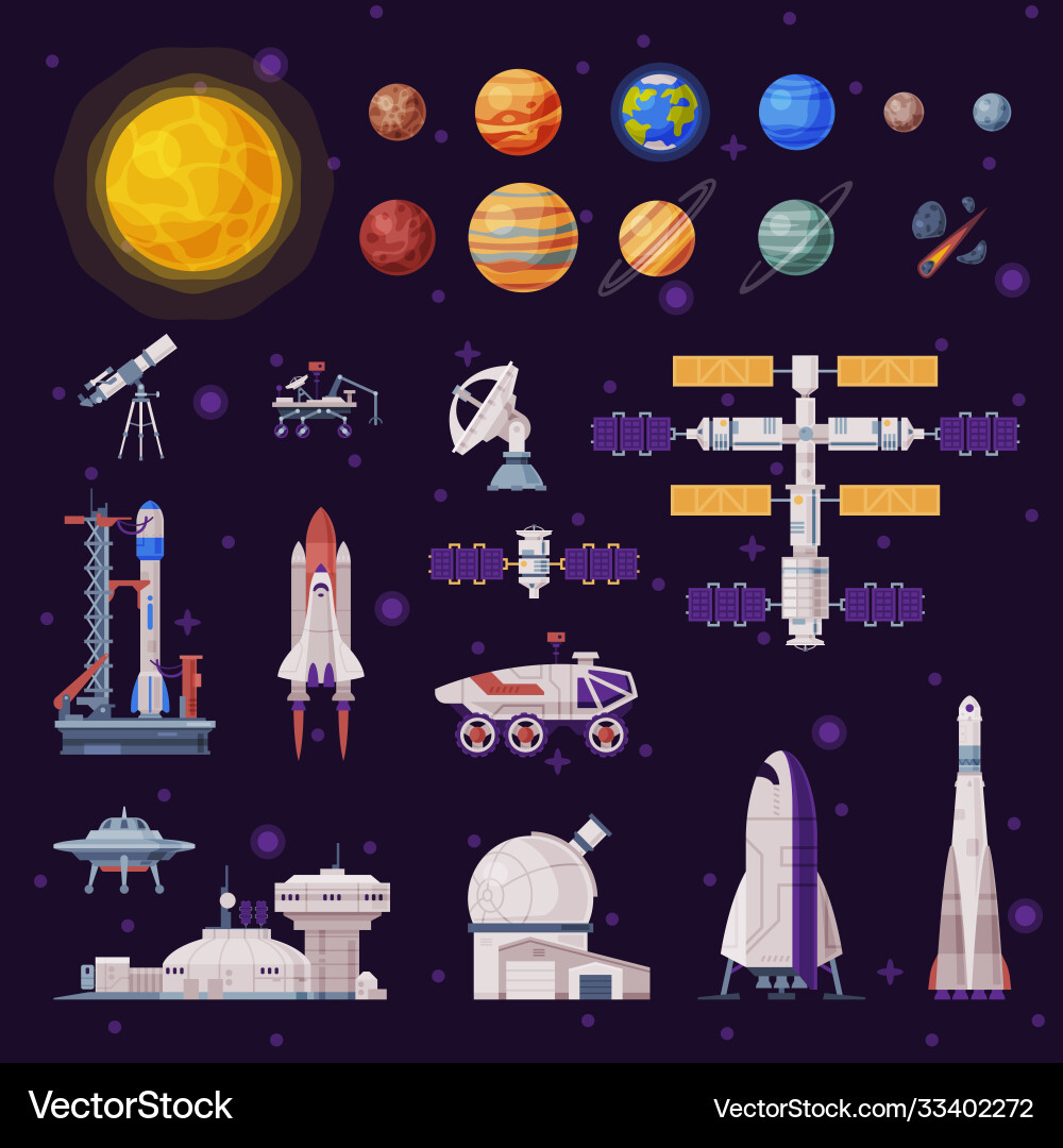 Space objects collection solar system planets Space objects collection solar system planets vector image