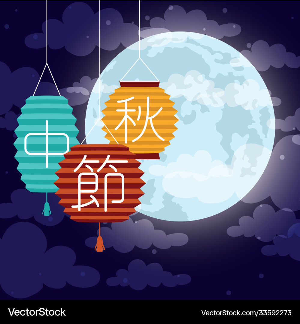 Mid autumn festival poster with moon and lamps Vector Image
