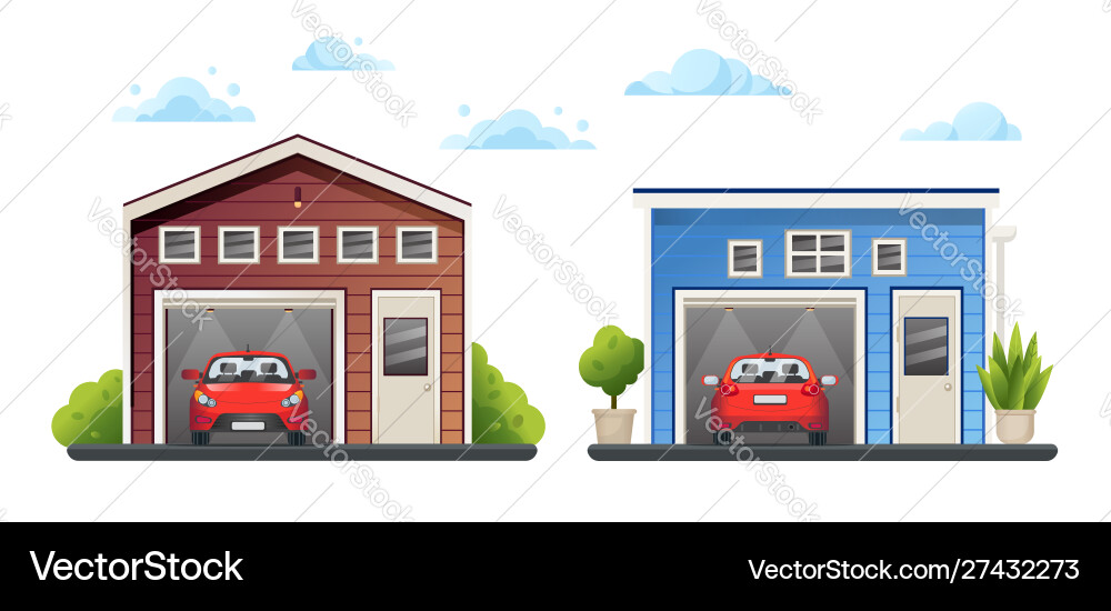 Two Open Garages with Red Cars Royalty Free Vector Image