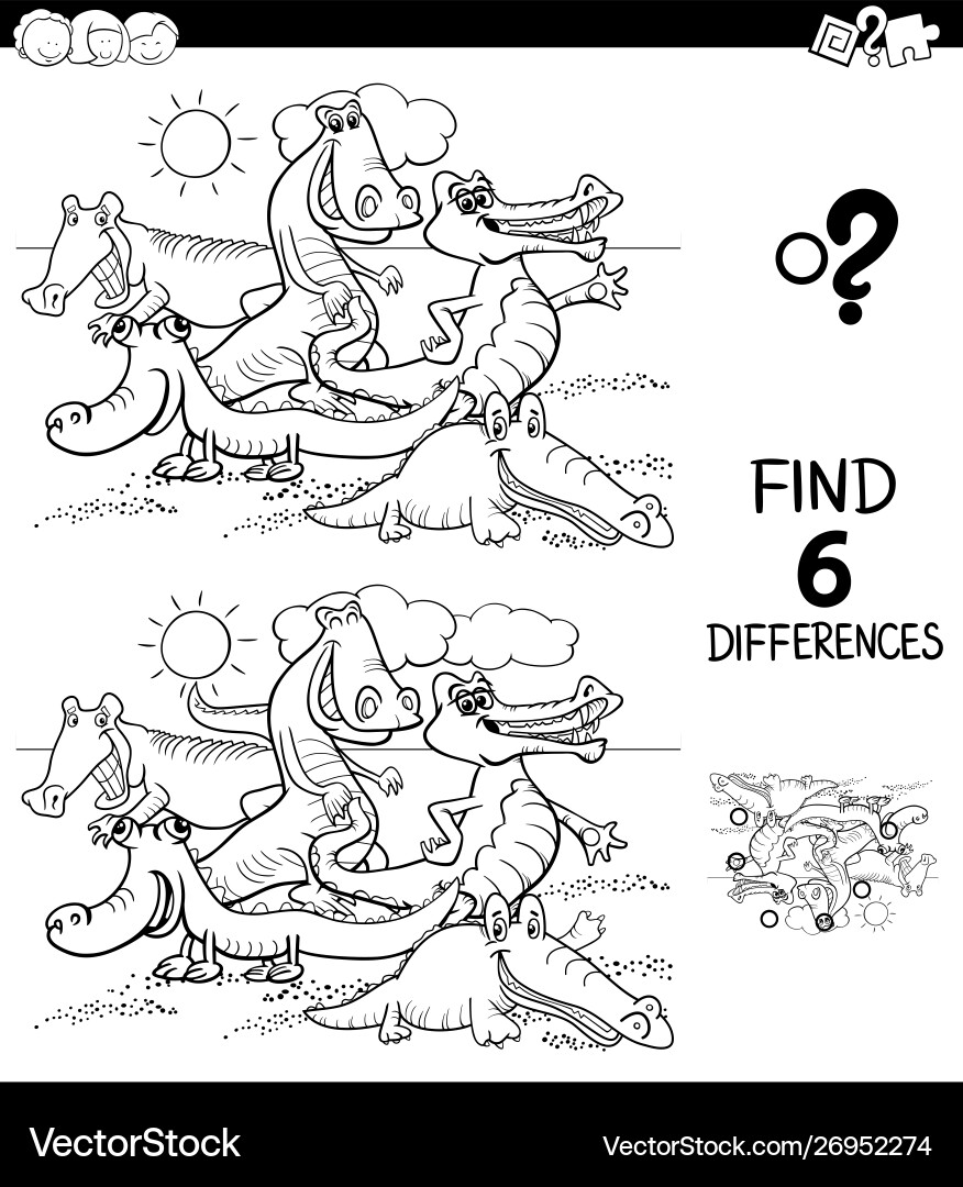 Differences color book with crocodiles characters Differences color book with crocodiles characters vector image